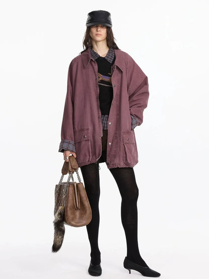 LYUOCHENG Vintage Plaid Washed Work Jacket In Purple