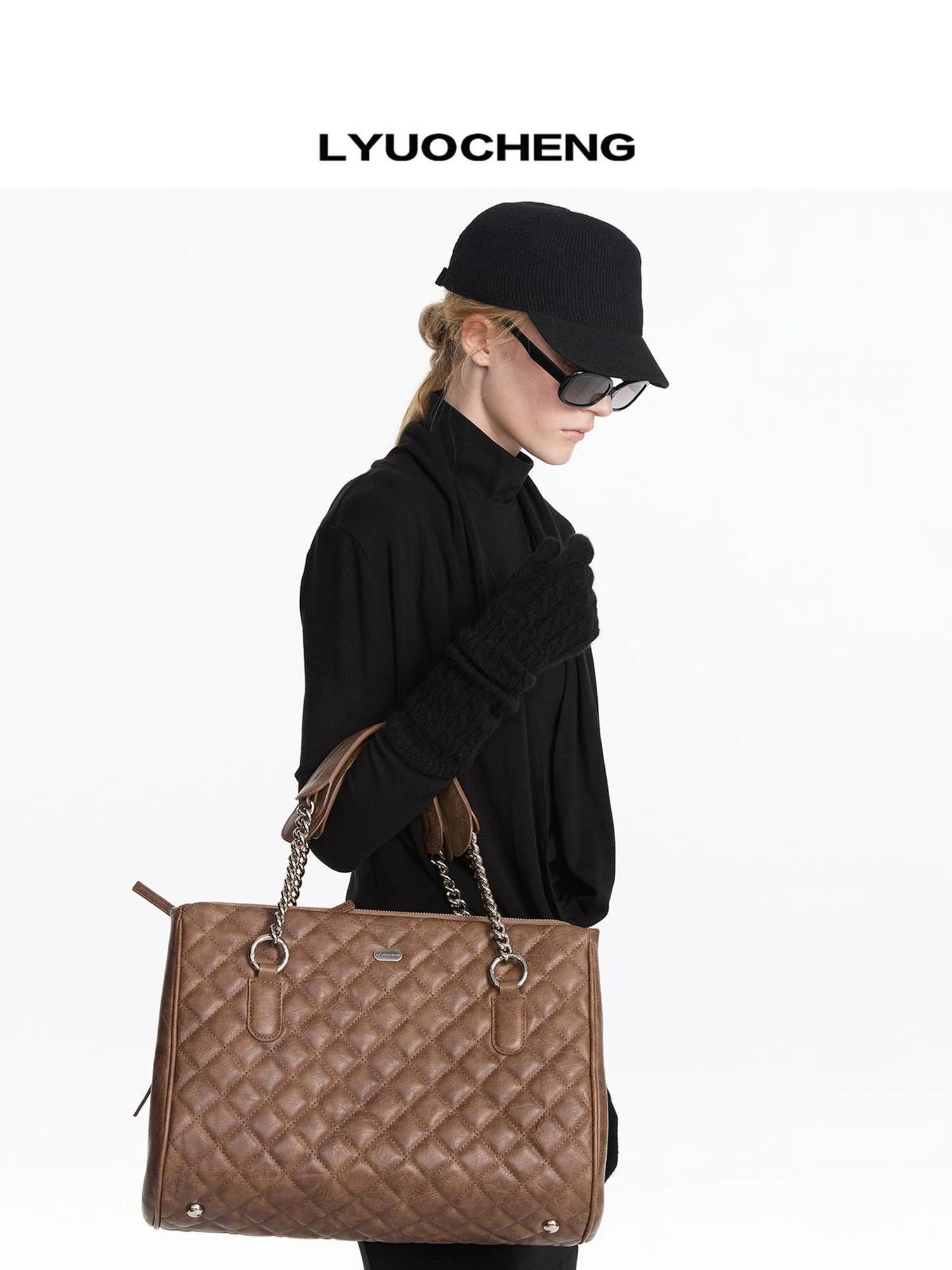 LYUOCHENG Vintage Quilted Tote Bag In Brown