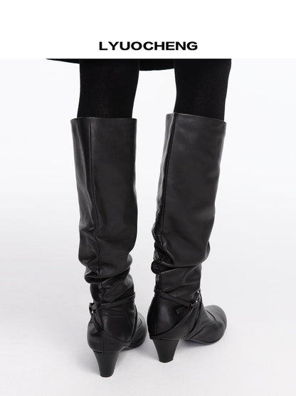 LYUOCHENG Vintage Ruched Round Toe Belt Buckle Women&