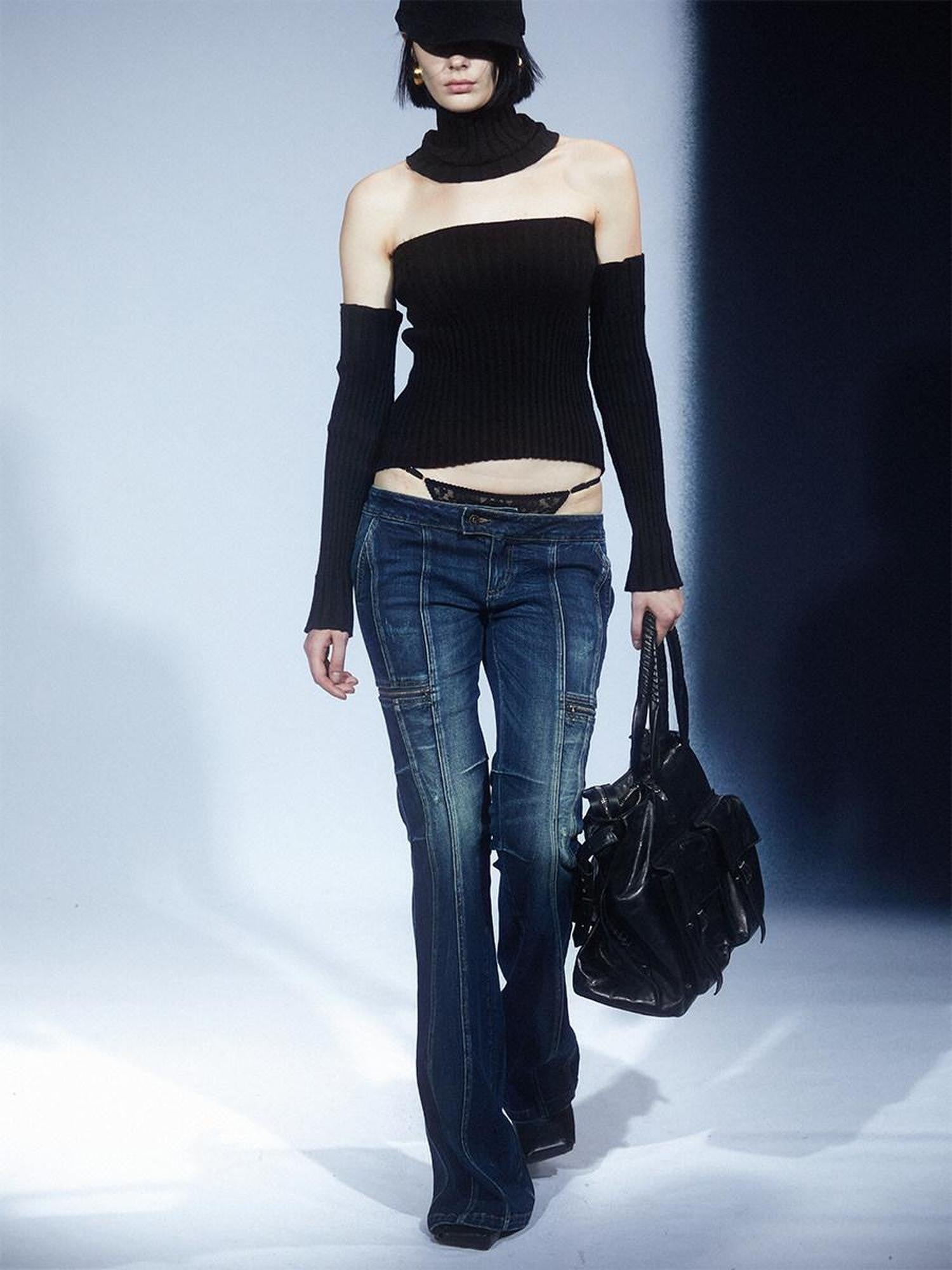 LYUOCHENG Vintage Spliced Backless High Collar Slim Fit Women&