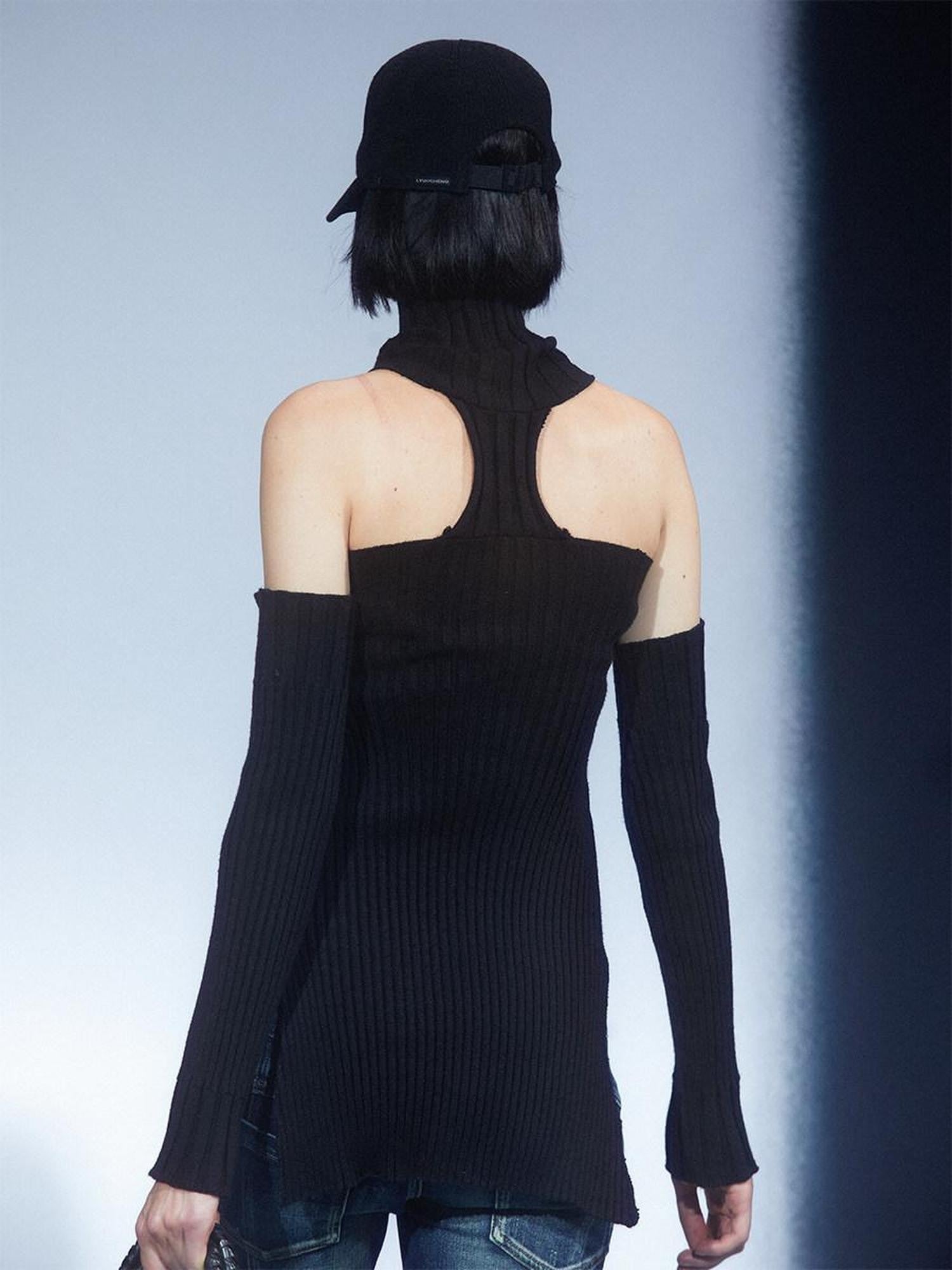 LYUOCHENG Vintage Spliced Backless High Collar Slim Fit Women&