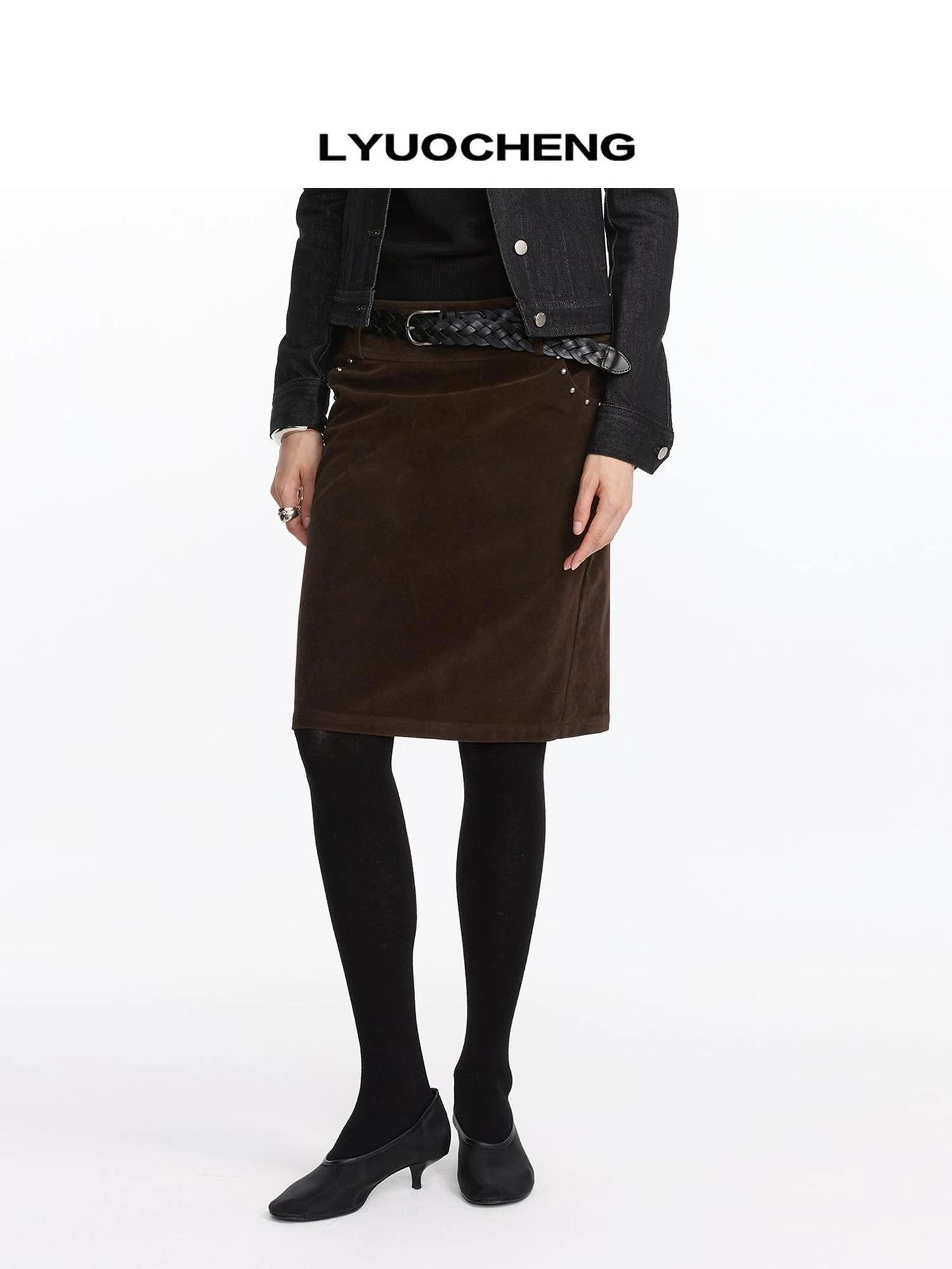 LYUOCHENG Vintage Suede Straight Denim Skirt With Rivets