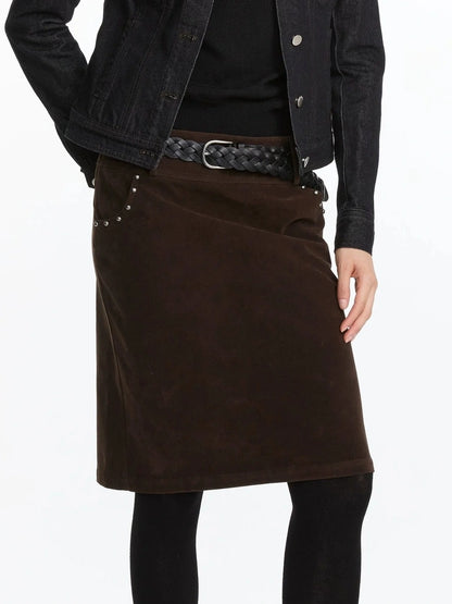 LYUOCHENG Vintage Suede Straight Denim Skirt With Rivets
