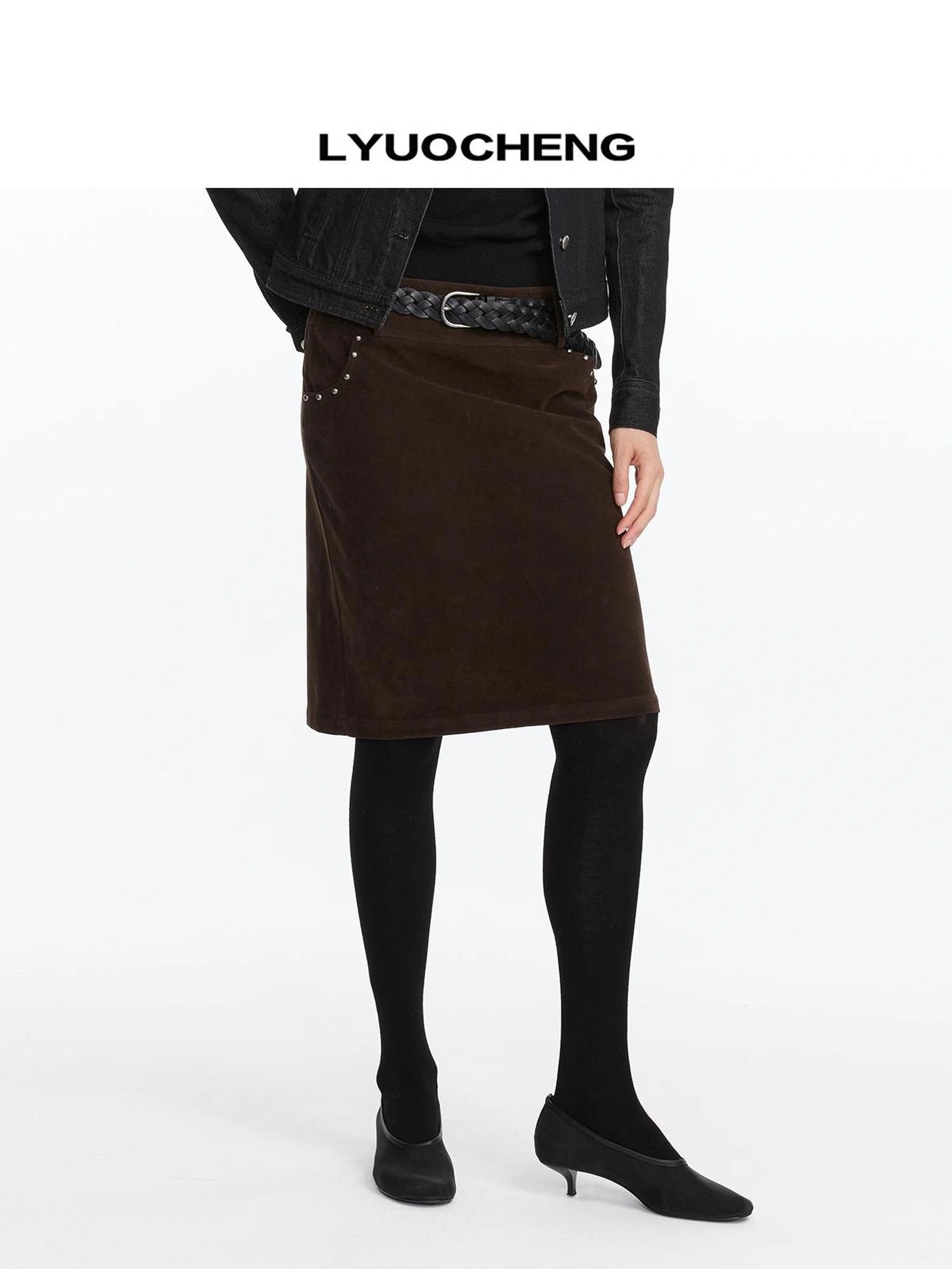 LYUOCHENG Vintage Suede Straight Denim Skirt With Rivets