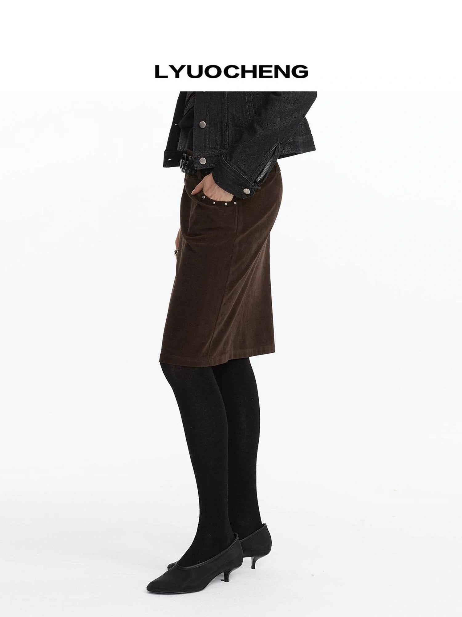 LYUOCHENG Vintage Suede Straight Denim Skirt With Rivets