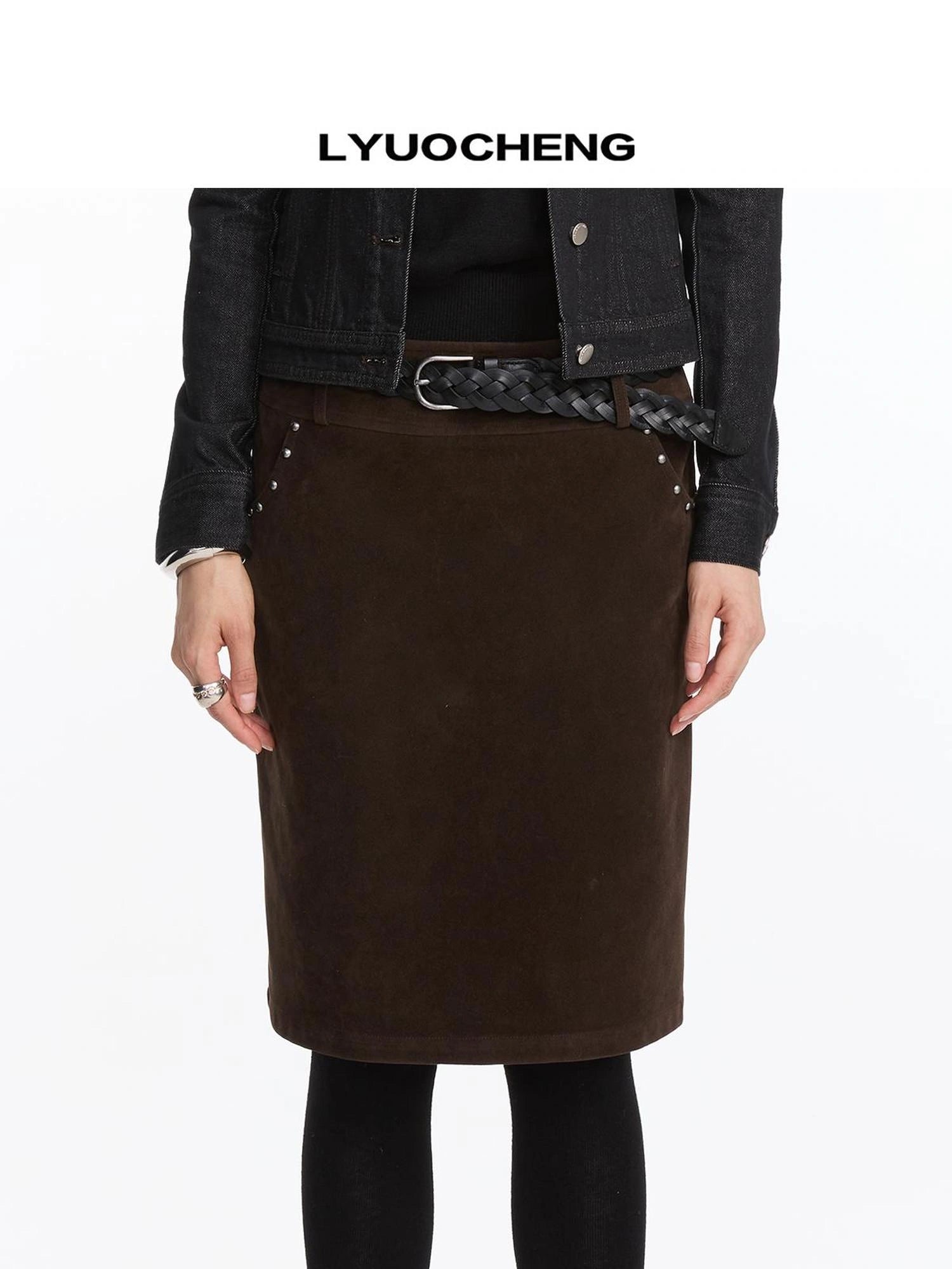 LYUOCHENG Vintage Suede Straight Denim Skirt With Rivets