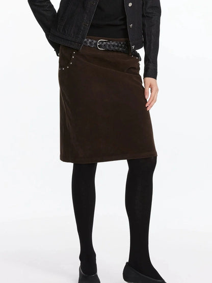 LYUOCHENG Vintage Suede Straight Denim Skirt With Rivets