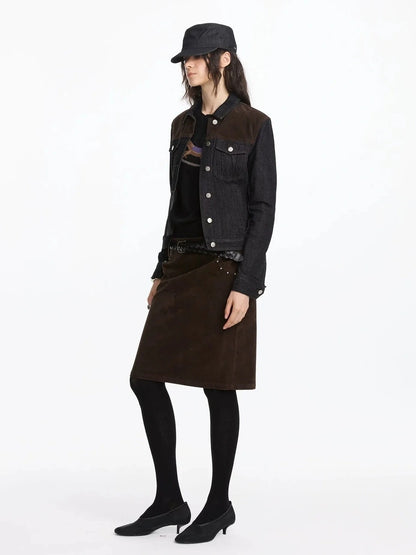 LYUOCHENG Vintage Suede Straight Denim Skirt With Rivets