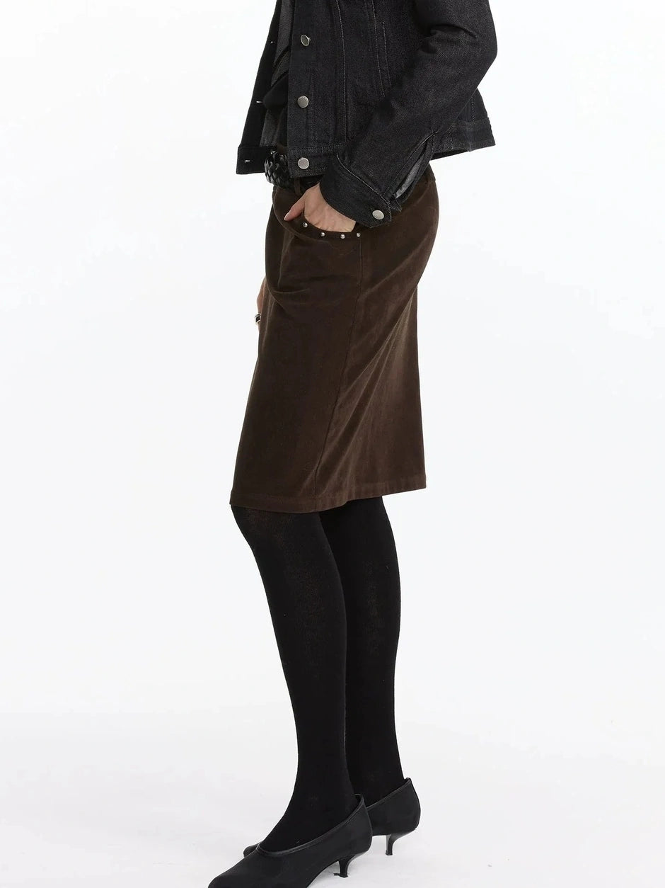 LYUOCHENG Vintage Suede Straight Denim Skirt With Rivets