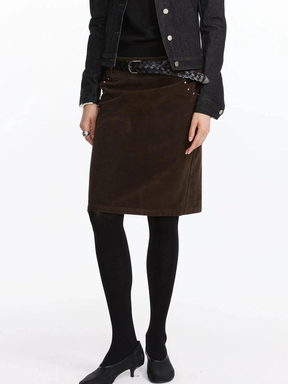 LYUOCHENG Vintage Suede Straight Denim Skirt With Rivets