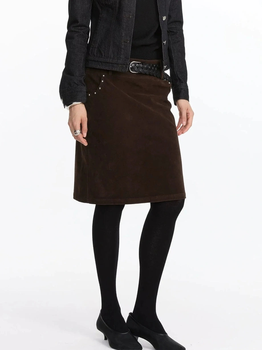 LYUOCHENG Vintage Suede Straight Denim Skirt With Rivets