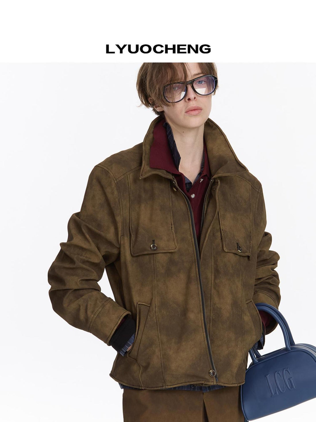 LYUOCHENG Vintage Textured Pu Leather Jacket With Aluminum Wire Detail