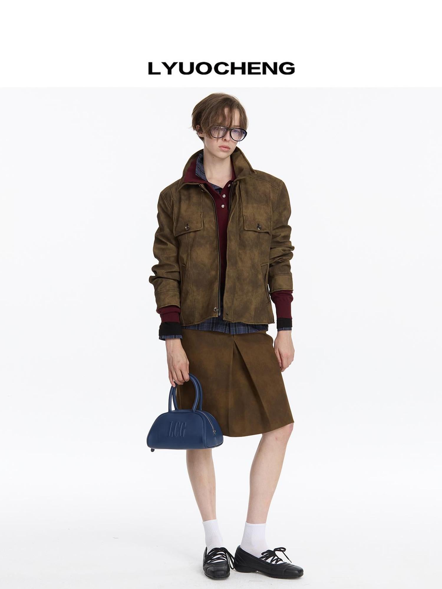 LYUOCHENG Vintage Textured Pu Leather Jacket With Aluminum Wire Detail