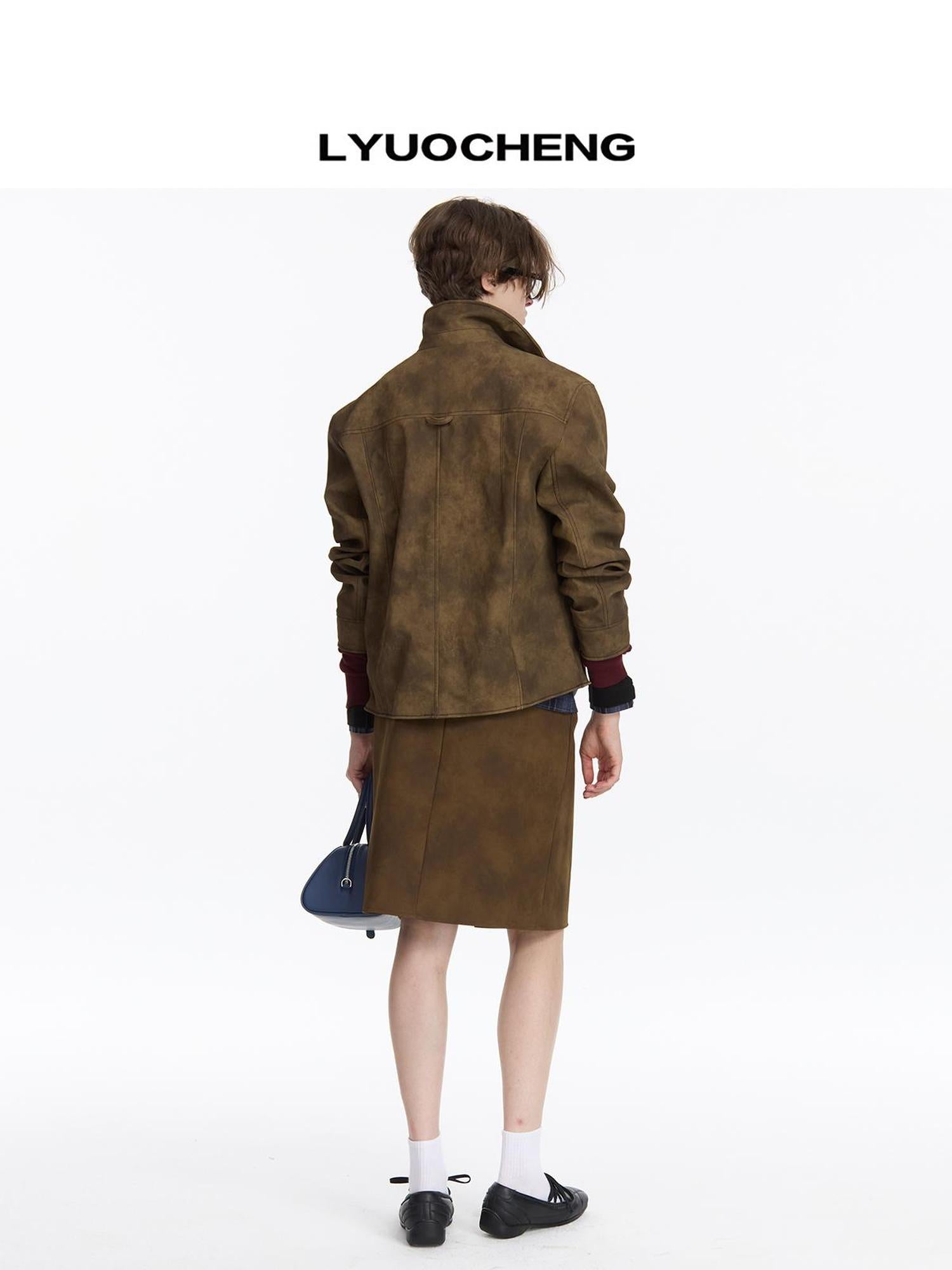 LYUOCHENG Vintage Textured Pu Leather Jacket With Aluminum Wire Detail