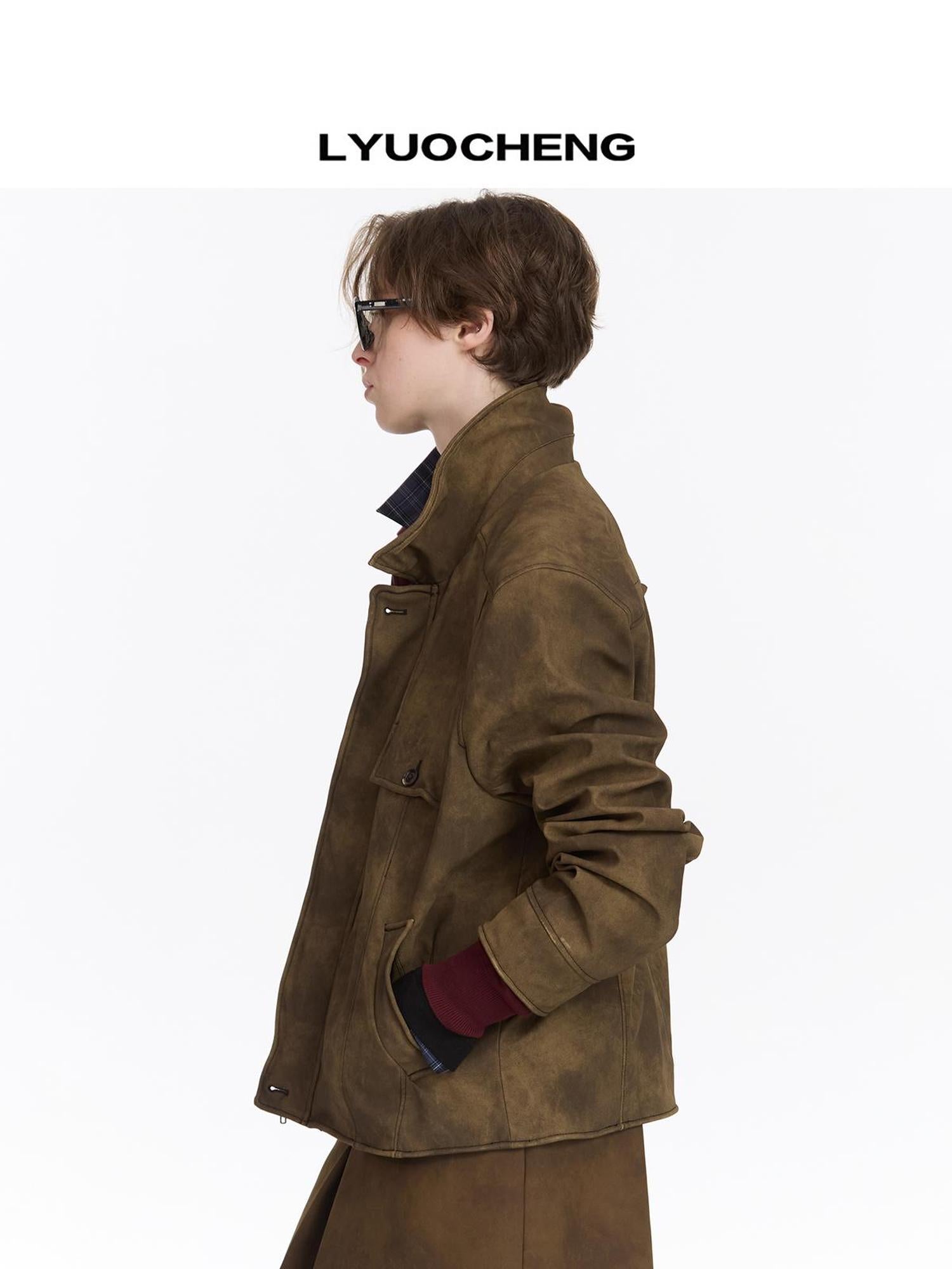 LYUOCHENG Vintage Textured Pu Leather Jacket With Aluminum Wire Detail