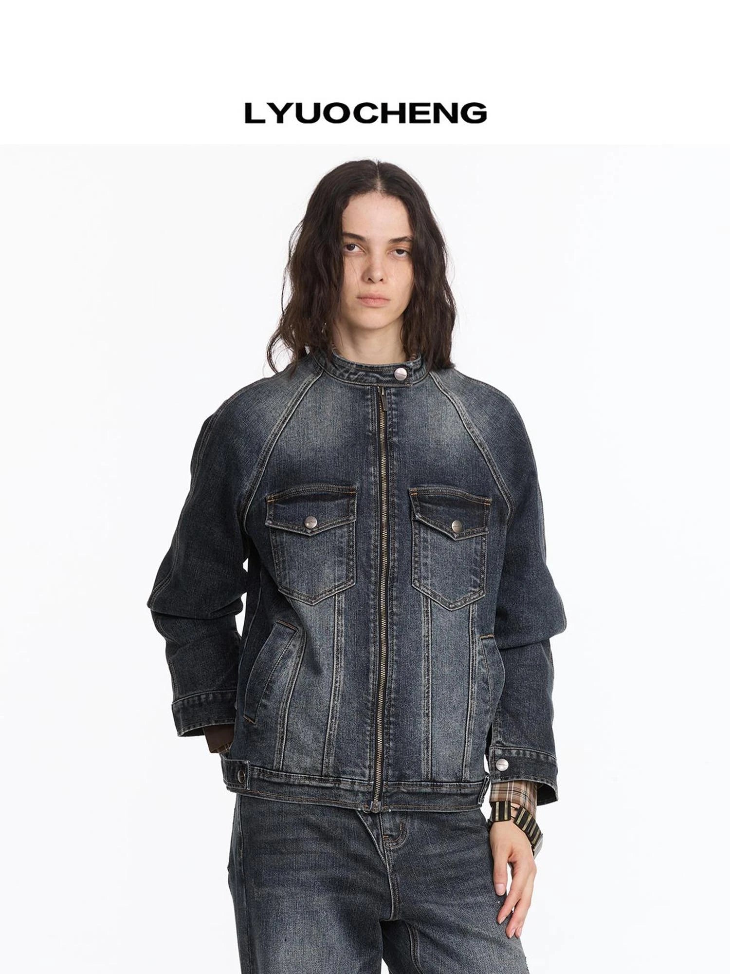 LYUOCHENG Vintage Washed Denim Jacket With Bamboo Texture