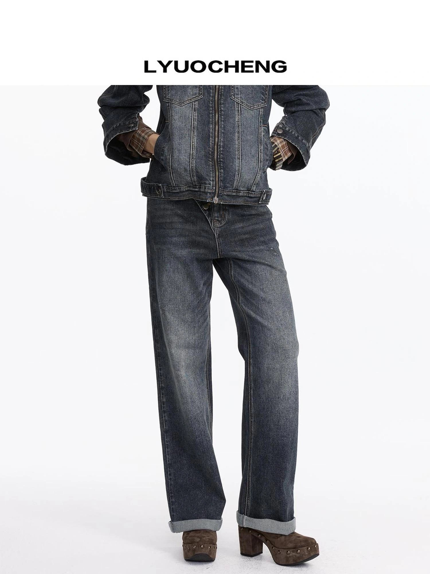 LYUOCHENG Vintage Washed Denim Jacket With Bamboo Texture