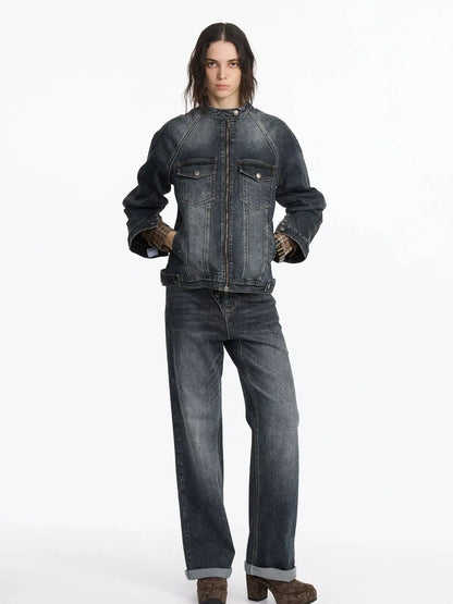 LYUOCHENG Vintage Washed Denim Jacket With Bamboo Texture