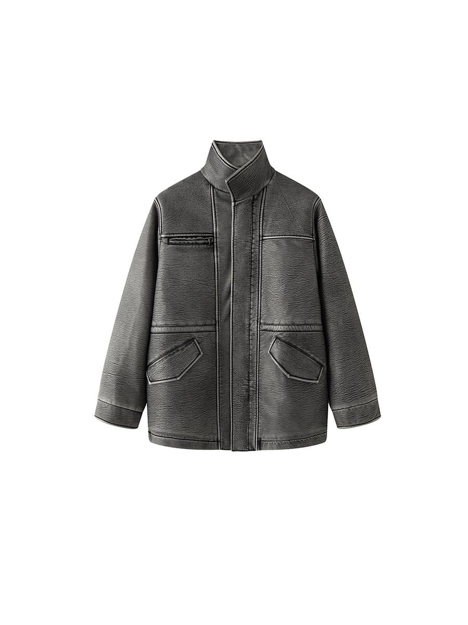 LYUOCHENG Vintage Washed Distressed Leather Trench Coat