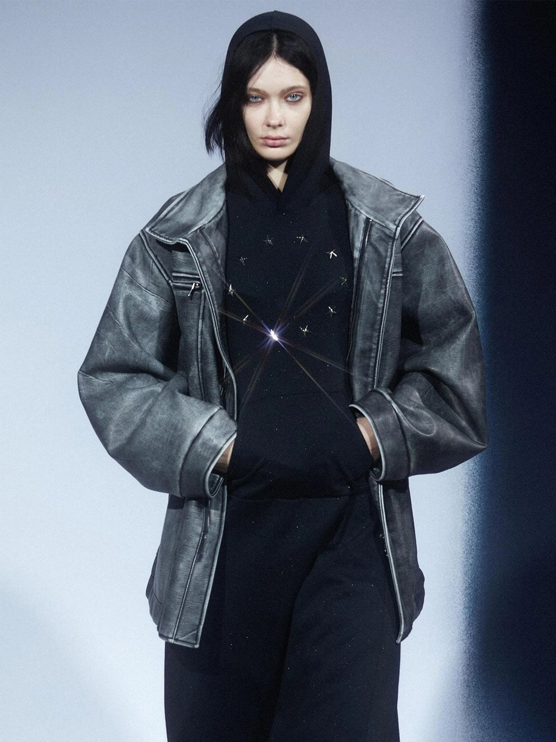 Vintage Washed Grey Leather Trench Coat