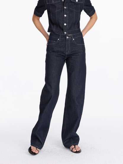 LYUOCHENG Vintage Washed Straight Leg Raw Denim Jeans