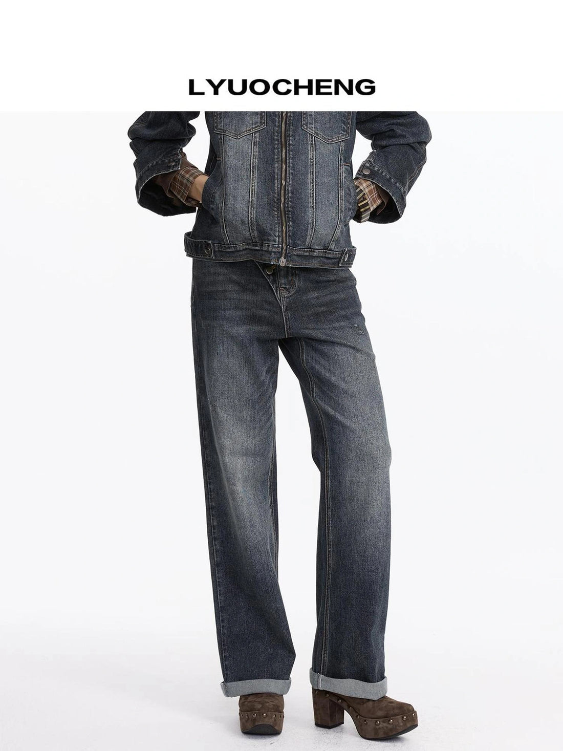 LYUOCHENG Vintage Washed Turn Up Straight Leg Jeans