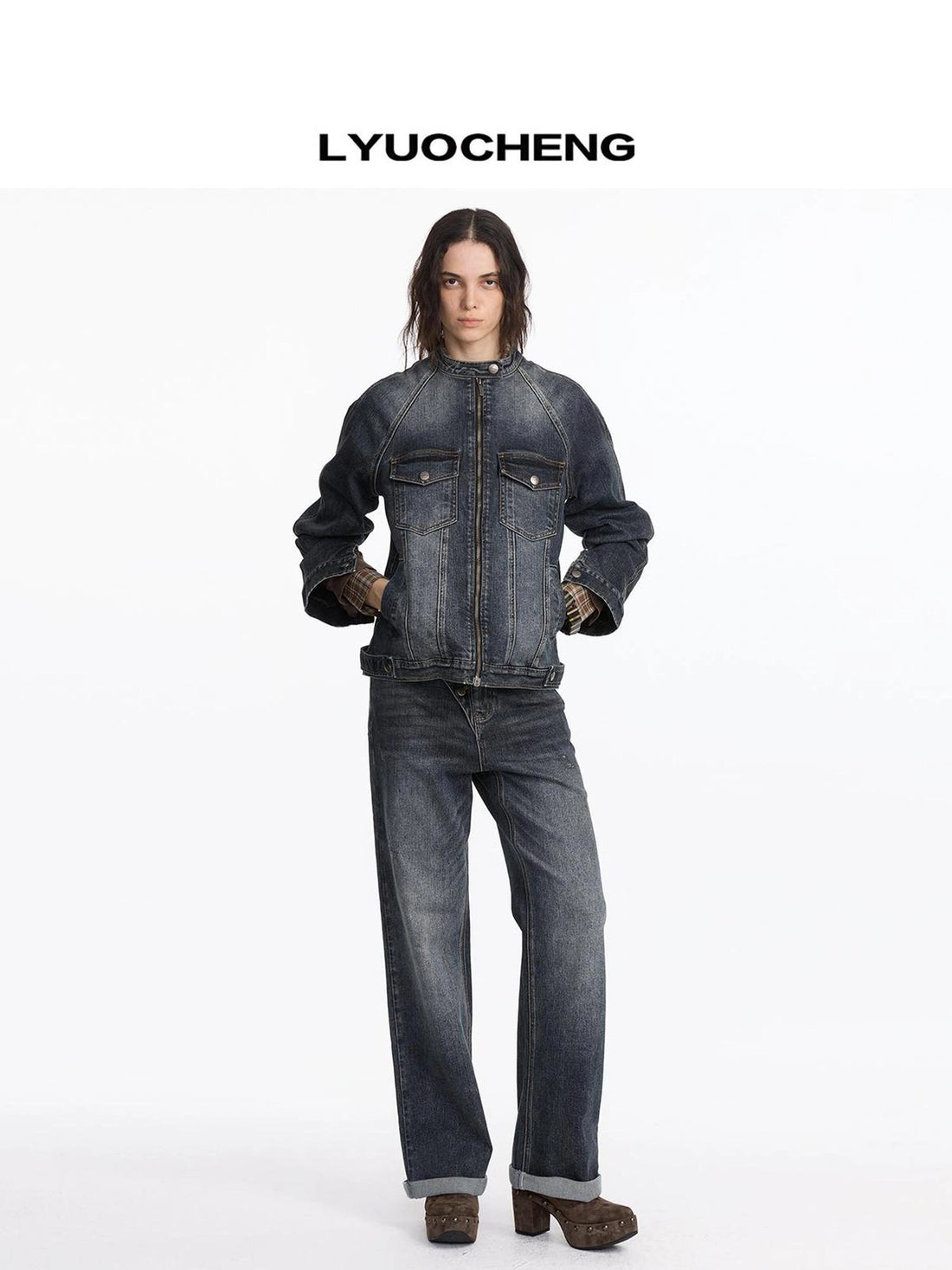 LYUOCHENG Vintage Washed Turn Up Straight Leg Jeans