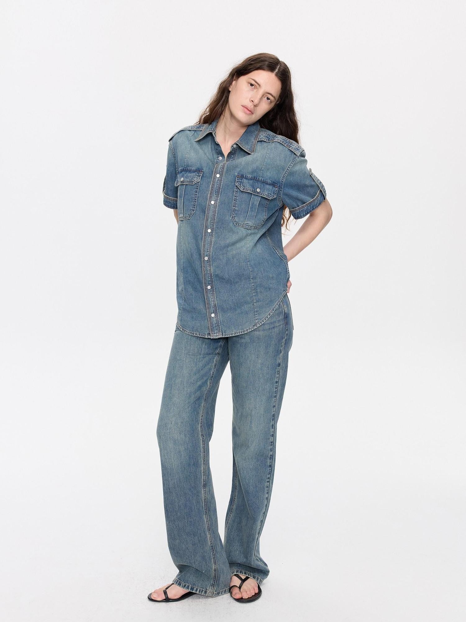 LYUOCHENG Washed Blue Distressed Low Waist Women&