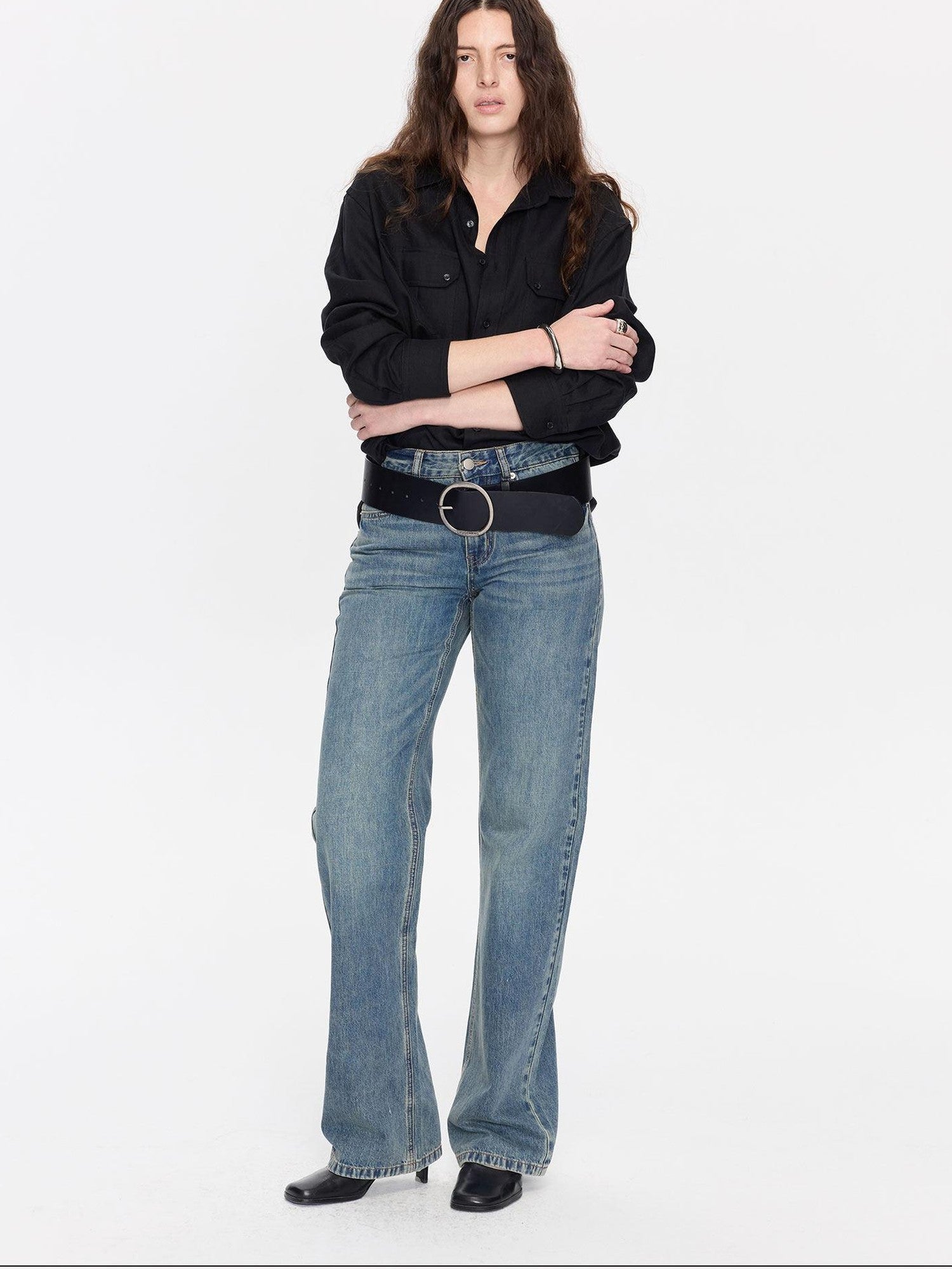 LYUOCHENG Washed Blue Distressed Low Waist Women&