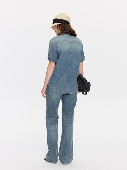 LYUOCHENG Washed Blue Distressed Low Waist Women&