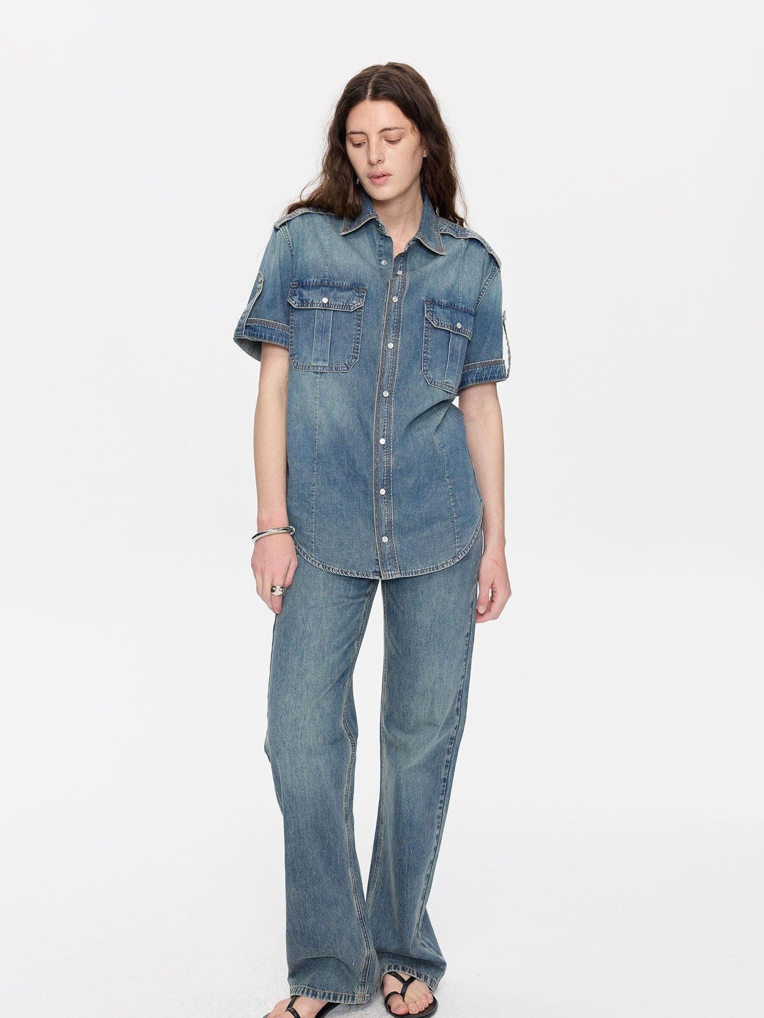 LYUOCHENG Washed Blue Distressed Low Waist Women&