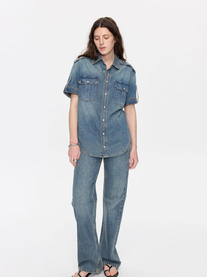 LYUOCHENG Washed Blue Distressed Low Waist Women&