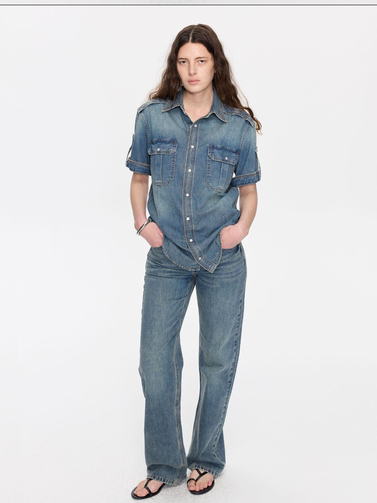 LYUOCHENG Washed Blue Distressed Low Waist Women&
