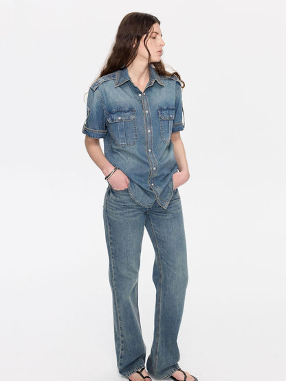 LYUOCHENG Washed Blue Distressed Low Waist Women&