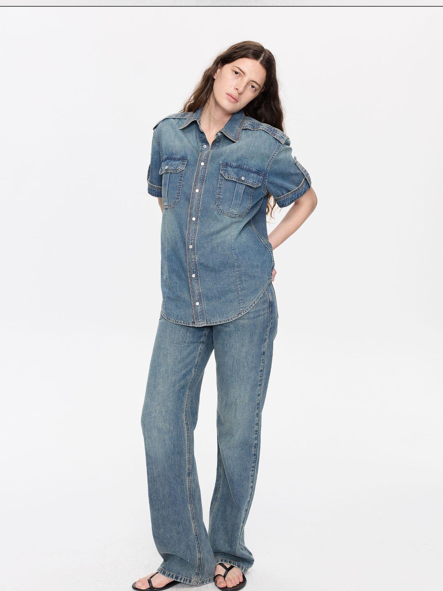 LYUOCHENG Washed Blue Distressed Low Waist Women&