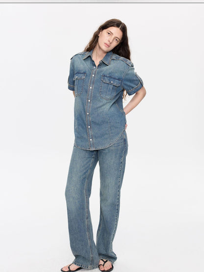 LYUOCHENG Washed Blue Distressed Low Waist Women&