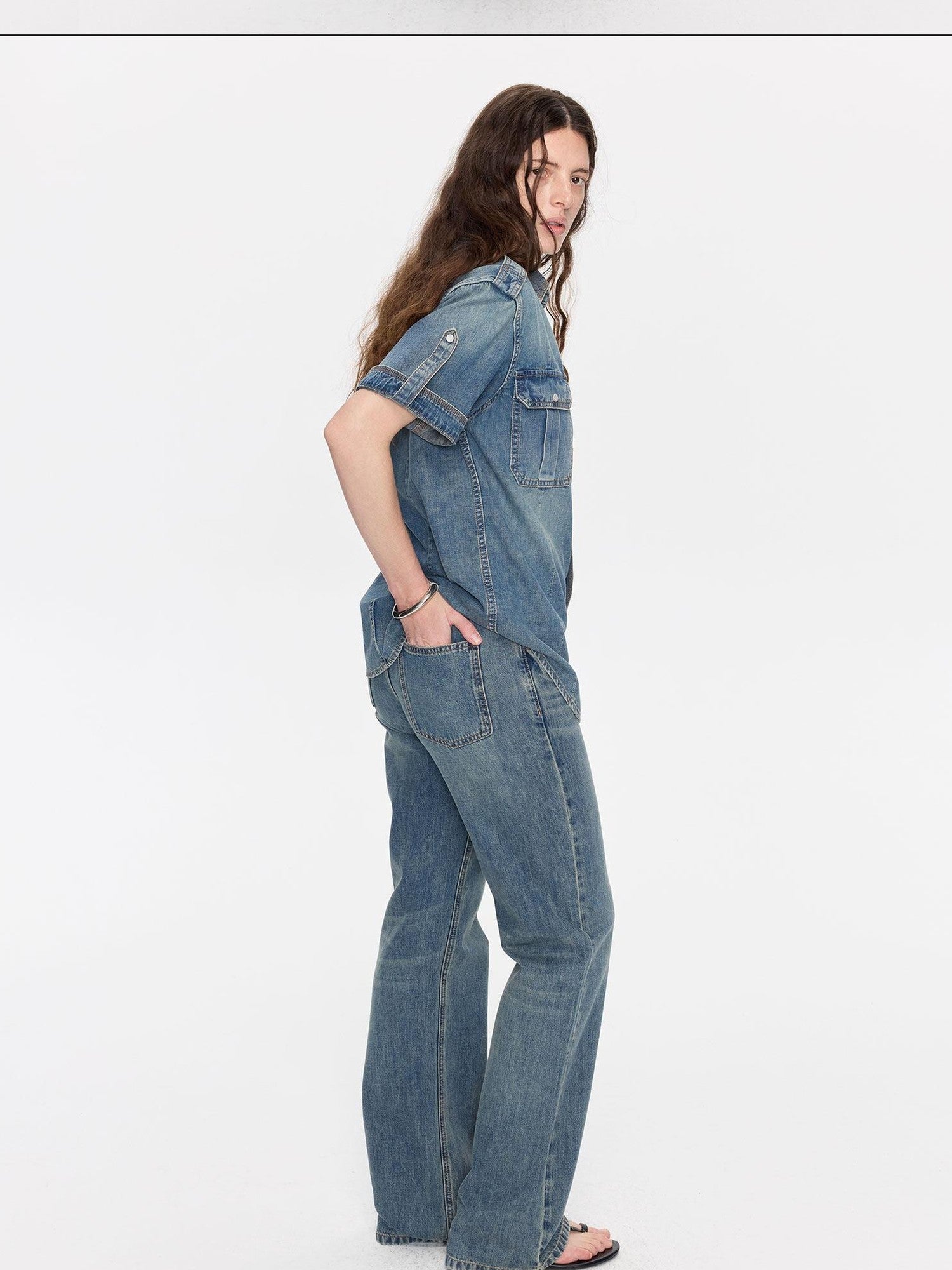 LYUOCHENG Washed Blue Distressed Low Waist Women&
