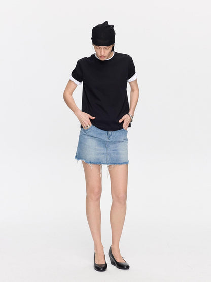LYUOCHENG Washed Blue Frayed Straight Low Waist Women&