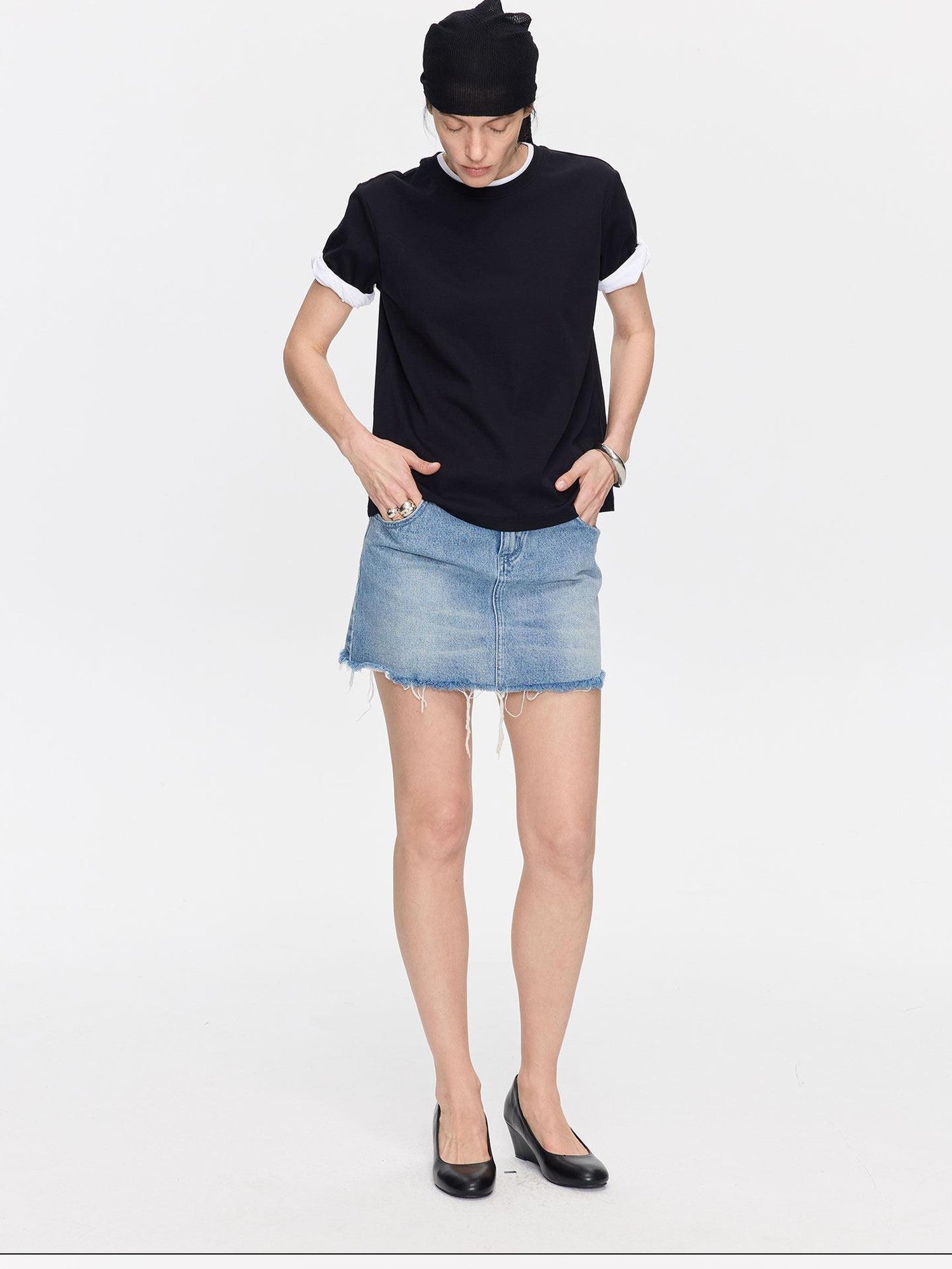 LYUOCHENG Washed Blue Frayed Straight Low Waist Women&