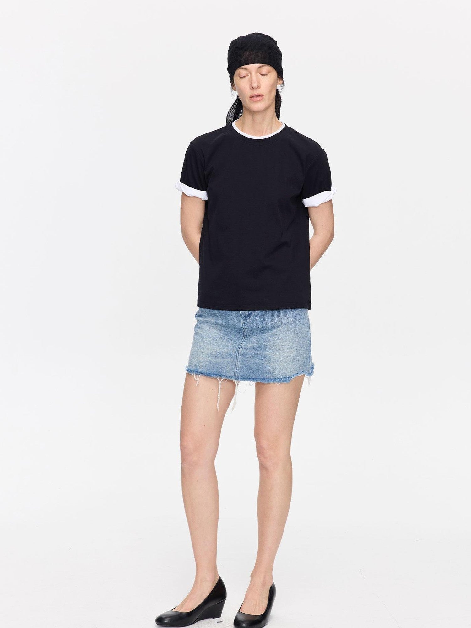 LYUOCHENG Washed Blue Frayed Straight Low Waist Women&
