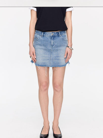 LYUOCHENG Washed Blue Frayed Straight Low Waist Women&