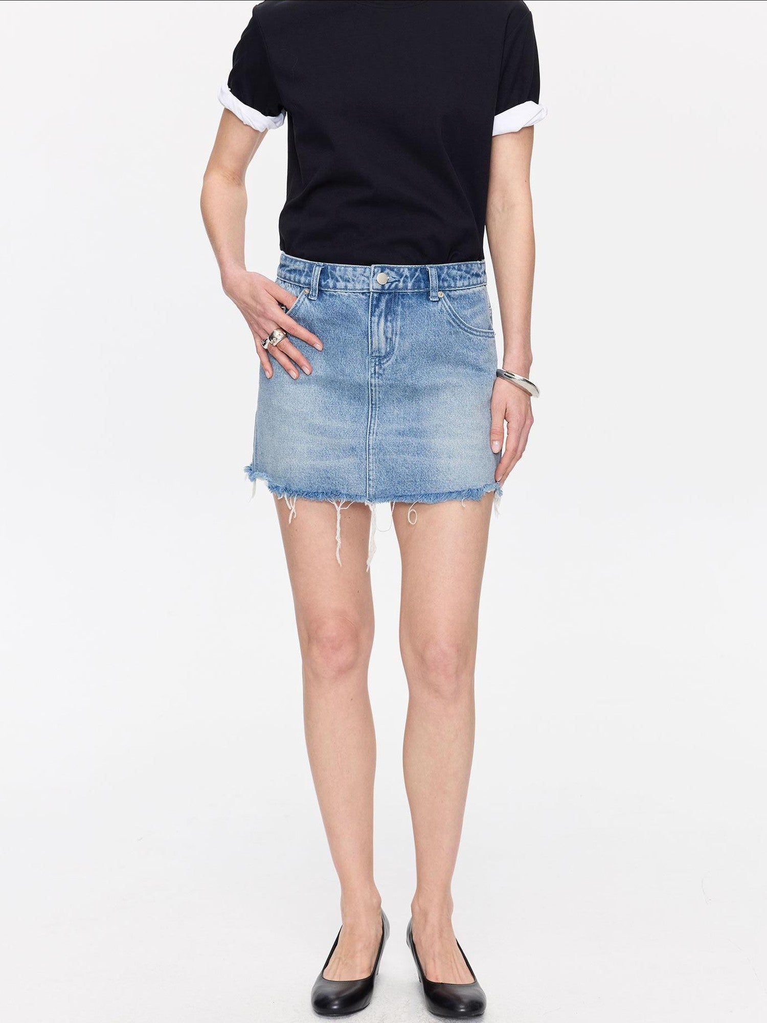 LYUOCHENG Washed Blue Frayed Straight Low Waist Women&