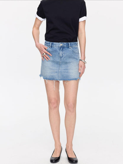 LYUOCHENG Washed Blue Frayed Straight Low Waist Women&