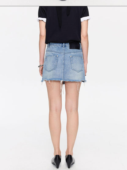 LYUOCHENG Washed Blue Frayed Straight Low Waist Women&