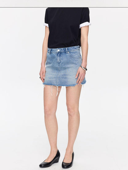LYUOCHENG Washed Blue Frayed Straight Low Waist Women&
