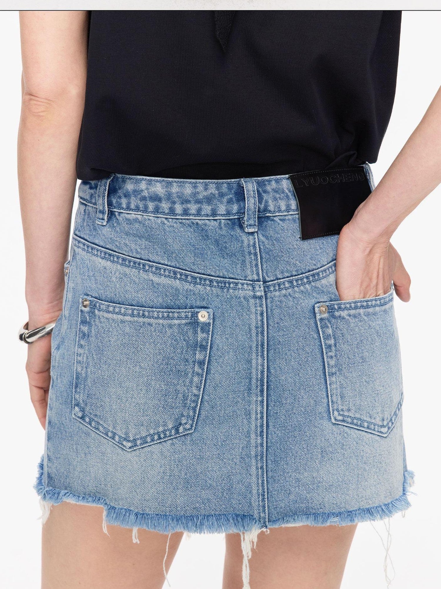 LYUOCHENG Washed Blue Frayed Straight Low Waist Women&
