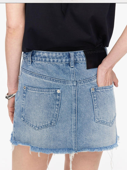 LYUOCHENG Washed Blue Frayed Straight Low Waist Women&