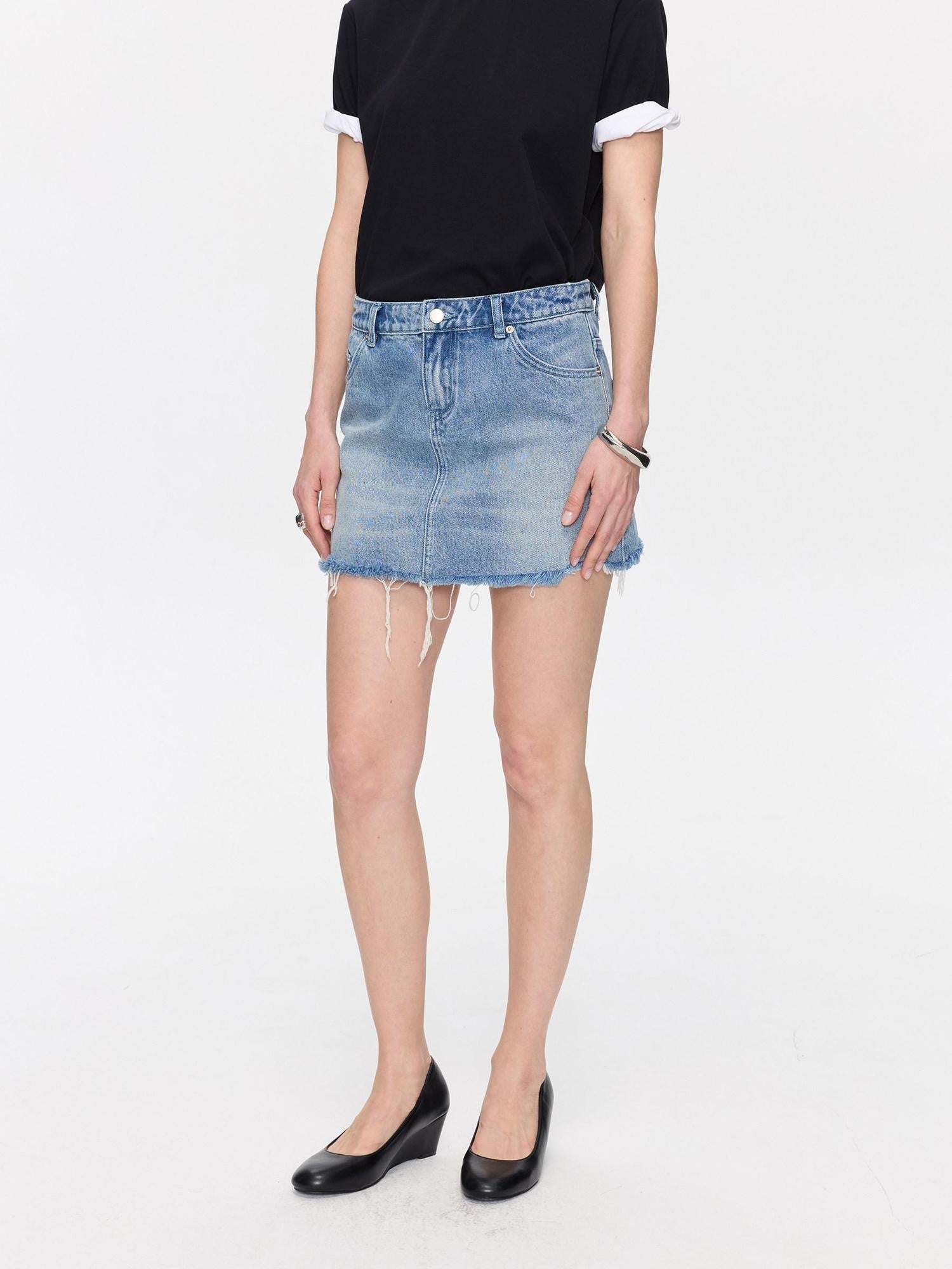 LYUOCHENG Washed Blue Frayed Straight Low Waist Women&