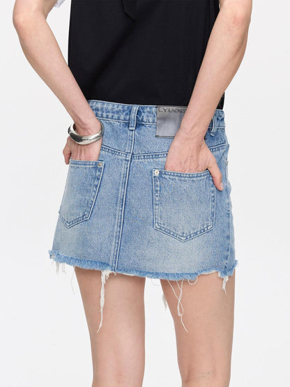 LYUOCHENG Washed Blue Frayed Straight Low Waist Women&
