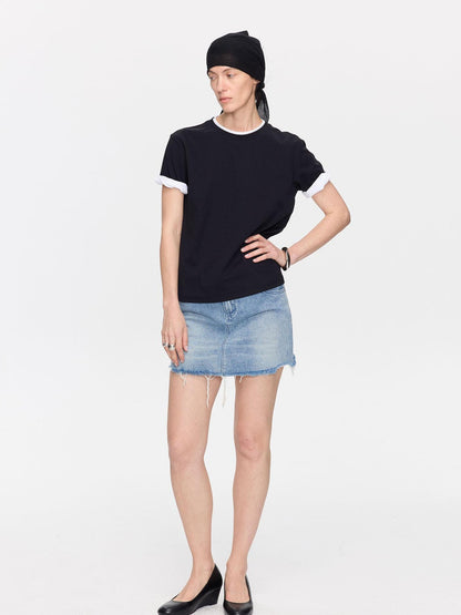 LYUOCHENG Washed Blue Frayed Straight Low Waist Women&